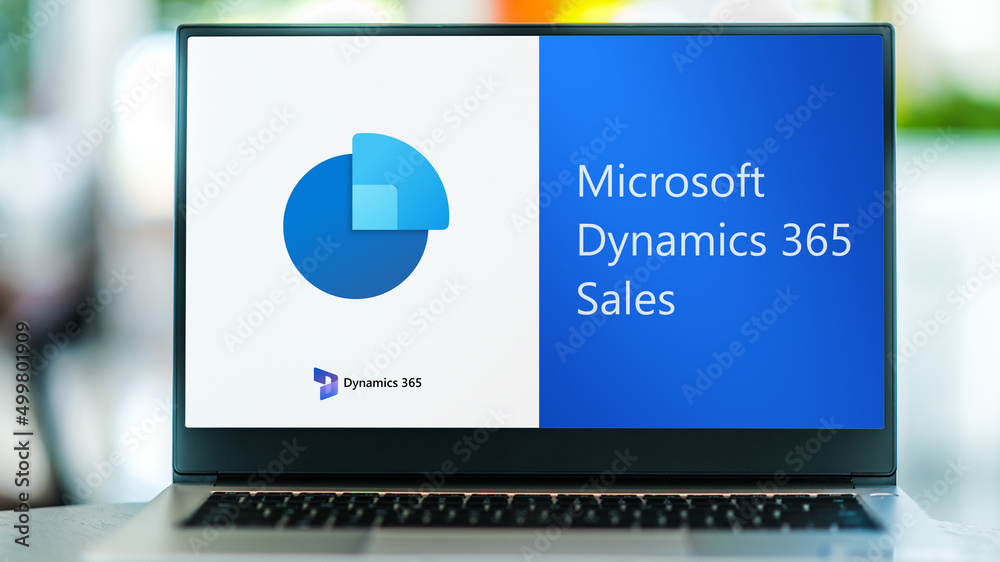 Laptop computer displaying logo of Microsoft Dynamics 365 Sales Stock ...