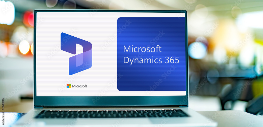Laptop computer displaying logo of Microsoft Dynamics 365 Stock Photo ...
