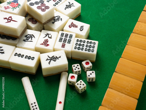 The mahjong on table ancient asian board game close up image