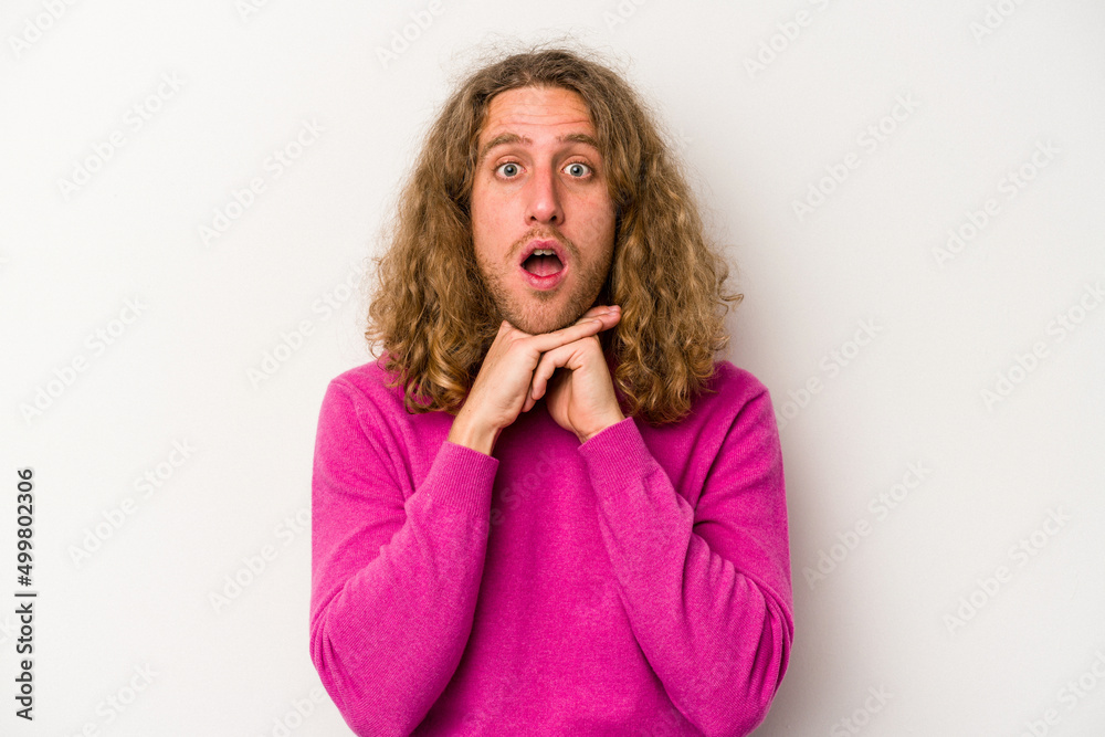 Young caucasian man isolated on white background praying for luck, amazed and opening mouth looking to front. Young caucasian man isolated on white background praying for luck, amazed and opening mouth looking to front.
