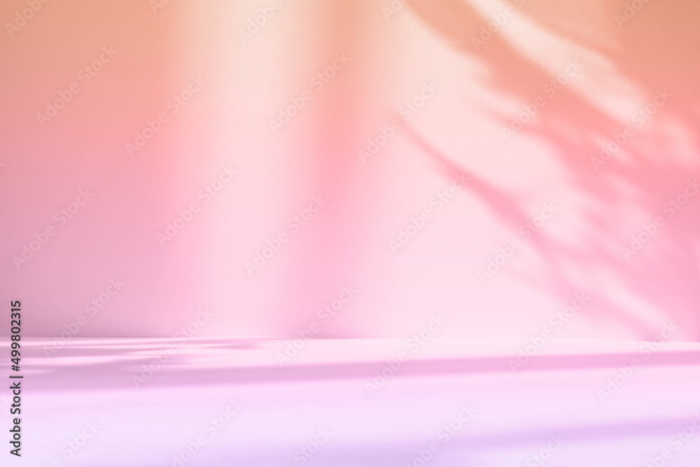 Abstract gradient pink studio background for product presentation. Empty room with shadows of window and flowers and palm leaves . 3d room with copy space. Summer concert. Blurred backdrop. - obrazy, fototapety, plakaty 