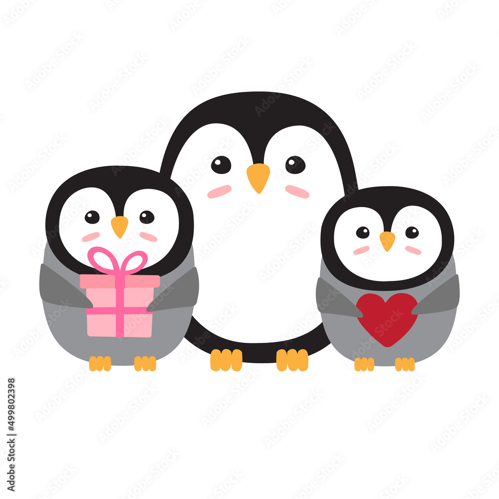 Vector hand drawn flat penguin mom with babies isolated on white background