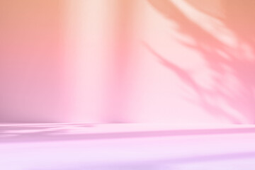 Abstract gradient pink studio background for product presentation. Empty room with shadows of window and flowers and palm leaves . 3d room with copy space. Summer concert. Blurred backdrop.
