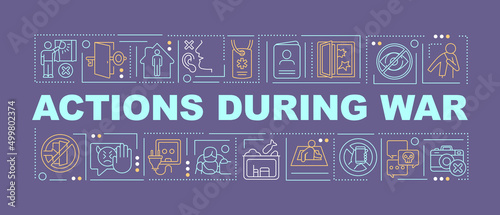 Action during war word concepts dark purple banner. How to survive civilians. Infographics with icons on color background. Isolated typography. Vector illustration with text. Arial-Black font used