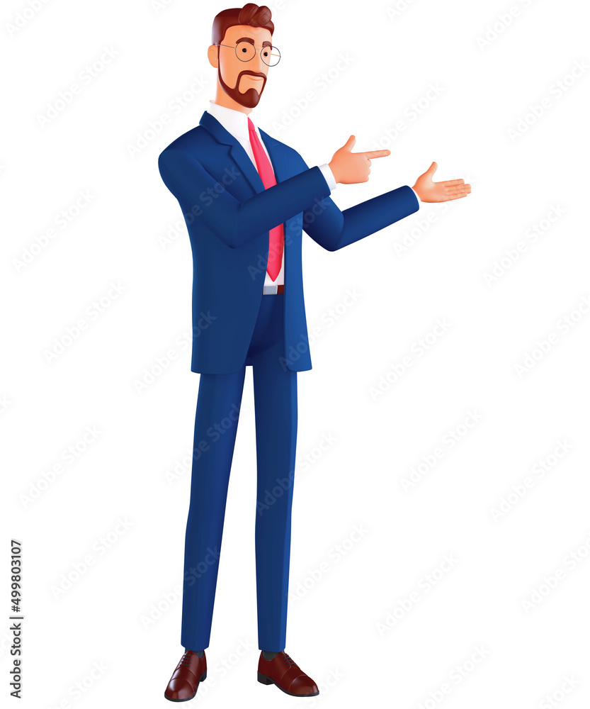3d man pointing away hands together and showing or presenting something while standing and smiling. Man pointing copy space. Emotion and body language concept in cartoon style 3d render illustration