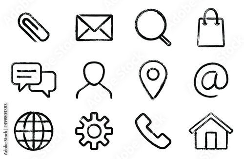 Web design vector brush stroke icons set: attachment, envelope, search, shopping bag, chat dialog, map pin, at email symbol, settings gear, globe planet, phone call sign, home page, my page.  Web icon