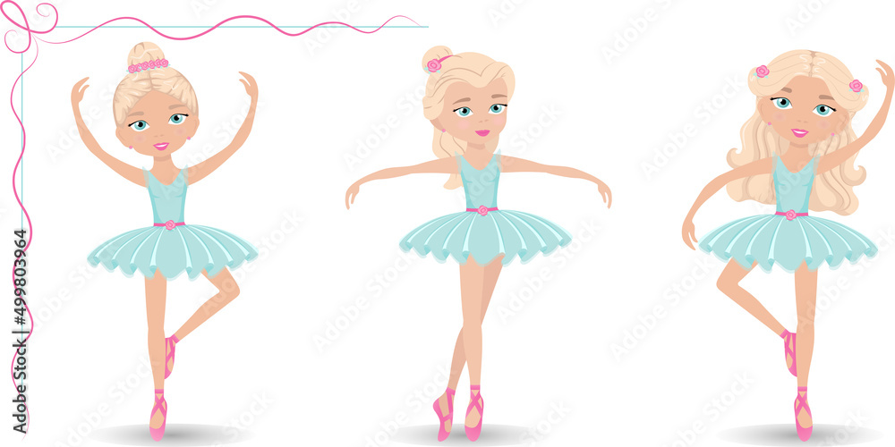 Vector set of three ballerinas in different poses and with different