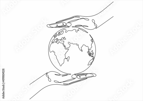 Continuous line drawing of Save the planet. Small globe between two human hands meaning care and love. Vector illustration