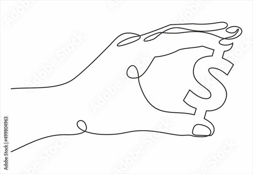 save money icon, salary money, invest finance, hand holding dollar, line symbols on white background -continuous line