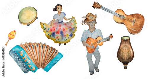 Photography Musical instruments with dancer, musician watercolor illustration