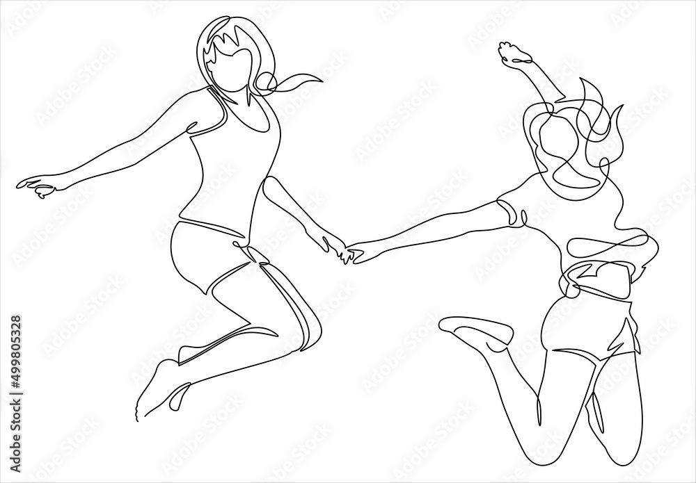 Happy jumping two girls. Continuous line drawing. Vector illustration