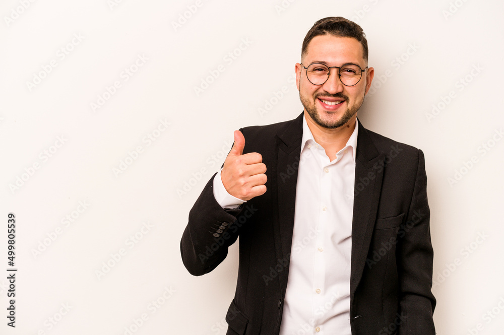 Business hispanic man isolated on white background smiling and raising thumb up Business hispanic man isolated on white background smiling and raising thumb up