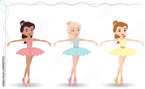 Vector set of three ballerinas in multi-colored dresses