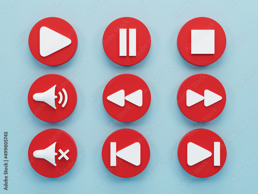 3d render 3d illustration. set of media player button icons on blue background. 3d render 3d illustration. set of media player button icons on blue background.