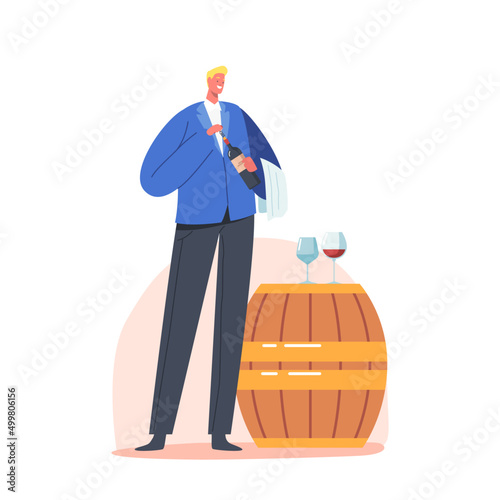 Sommelier or Wine Steward Holding Bottle Stand near Wooden Barrel with Wineglasses, Specialist Taster Character Tasting