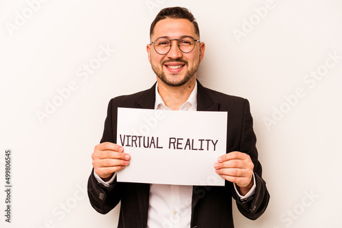 Hispanic business man holding a virtual reality placard isolated on white background