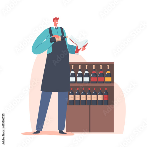 Sommelier Party Concept, Wine Steward Holding Bottle and Tasting Flask. Character Tasting Alcohol Drinks in Winery Bar