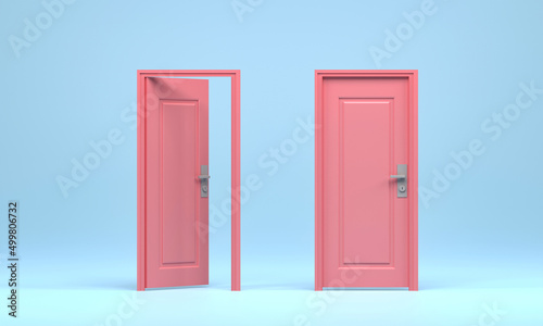 Fototapeta Naklejka Na Ścianę i Meble -  3D rendering, 3D illustration. Pink open door entrance in blue background room. minimal interior idea creative.
