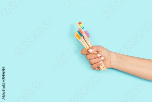 Mano de mujer sosteniendo un un manojo de cepillos de dientes de bambú sobre un fondo celeste liso y aislado. Vista de frente. Copy space photo
