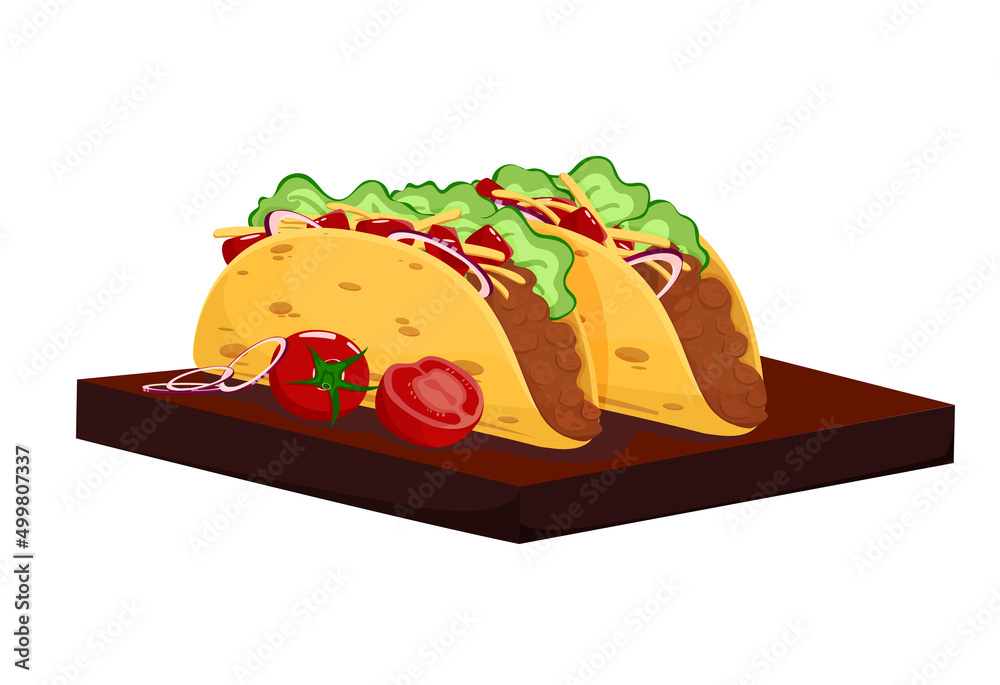 Mexican food tacos on a tray. Traditional tacos isolated on a white background. Half a tomato, tomato. Mexican cuisine, fast food. corn cake. Cartoon style. Vector illustration Mexican food tacos on a tray. Traditional tacos isolated on a white background. Half a tomato, tomato. Mexican cuisine, fast food. corn cake. Cartoon style. Vector illustration