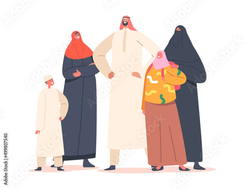 Traditional Arab Family, Parents and Children Characters. Saudi People Wear National Clothes Thawb or Kandura and Hijab