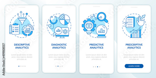 Types of business data analysis blue onboarding mobile app screen. Walkthrough 4 steps graphic instructions pages with linear concepts. UI, UX, GUI template. Myriad Pro-Bold, Regular fonts used