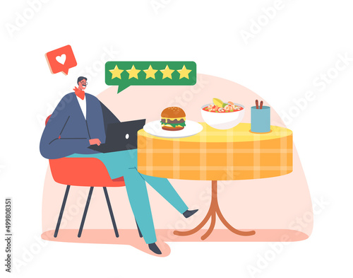 Satisfied Foodie Character Sitting at Table Enjoy Delicious Meals. Food Blogger or Critic Visiting Five Stars Restaurant