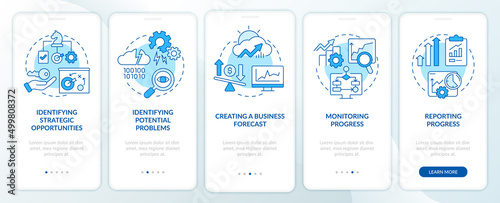 Business analyst responsibilities blue onboarding mobile app screen. Walkthrough 5 steps graphic instructions pages with linear concepts. UI, UX, GUI template. Myriad Pro-Bold, Regular fonts used