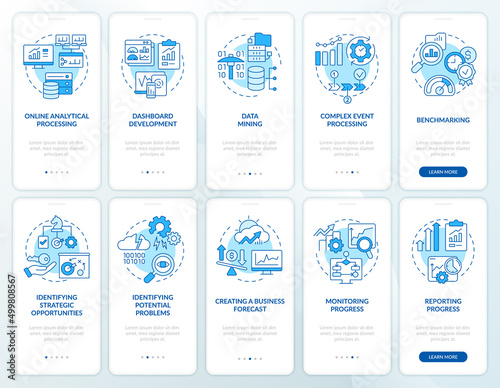 Business analysis and intelligence blue onboarding mobile app screen set. Walkthrough 5 steps graphic instructions pages with linear concepts. UI, UX, GUI template. Myriad Pro-Bold, Regular fonts used photo