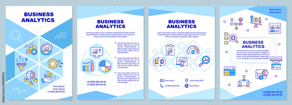 Business analytics blue brochure template. Increasing productivity. Leaflet design with linear icons. 4 vector layouts for presentation, annual reports. Arial-Black, Myriad Pro-Regular fonts used