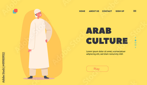 Arab Culture Landing Page Template. Arabian Boy Wear Traditional Clothes. Preteen Child Male Character in Long Dress