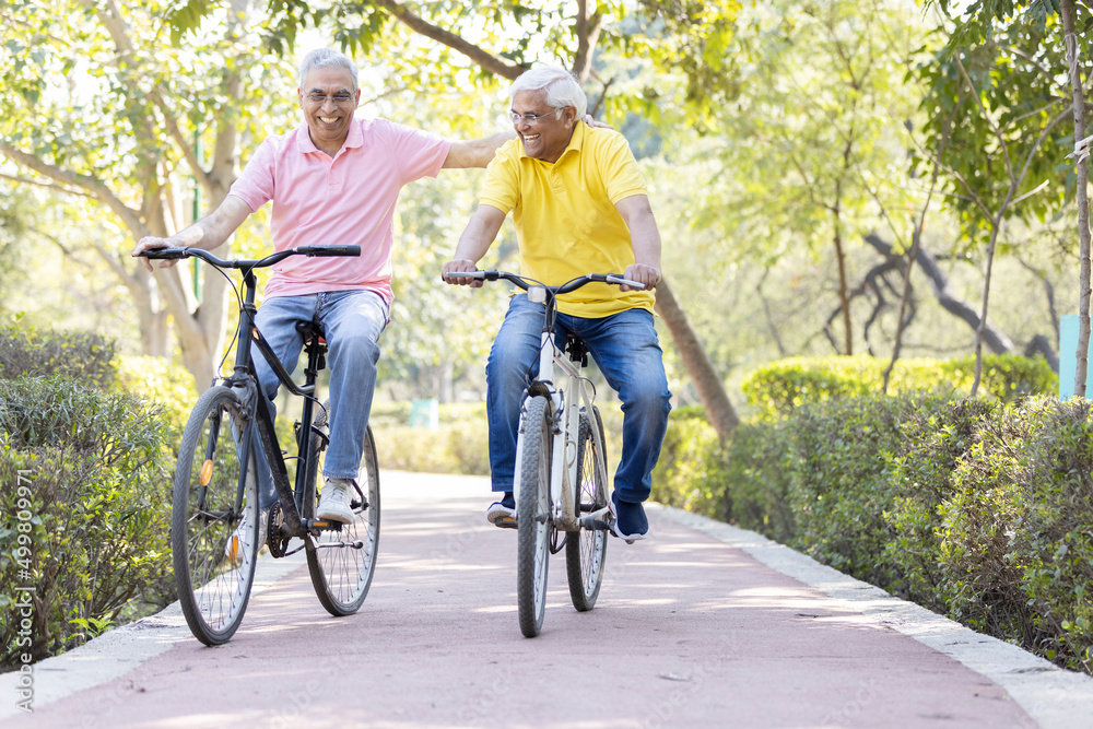 Two cheerful senior men having fun riding bicycle at park