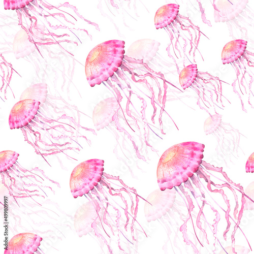 Seamless hand-drawn pattern with floating watercolor jellyfish in pink on a white background.