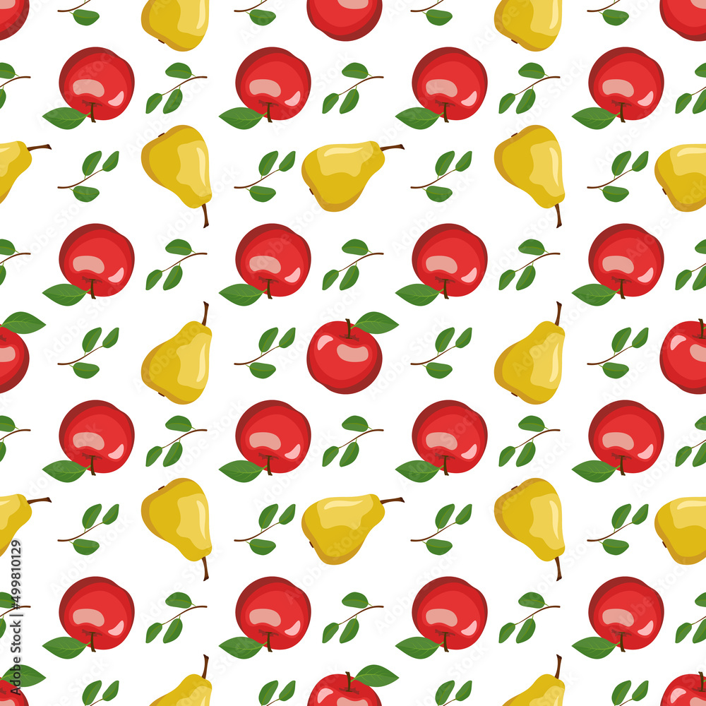 Seamless pattern with yellow pear and red apple. Print from whole healthy fruits. Background from sweet food for diet. Vector flat illustration Seamless pattern with yellow pear and red apple. Print from whole healthy fruits. Background from sweet food for diet. Vector flat illustration