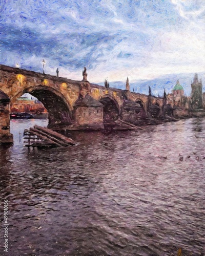 Photography Prague Czechia drawing in oil city center vintage houses and architecture, Europ