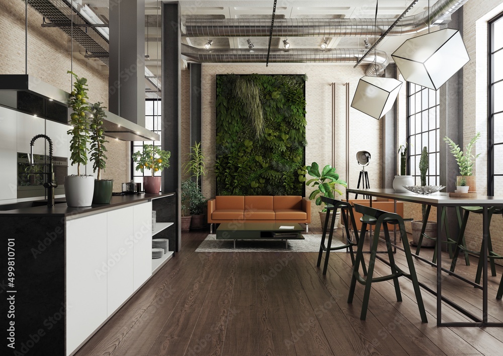 Fototapeta premium Nowoczesny loft, zaprojektowany jako mieszkanie z kuchnią, jadalnią oraz pokojem dziennym. Zielona ściana - ogród wertykalny stanowiący dekorację wnętrza.