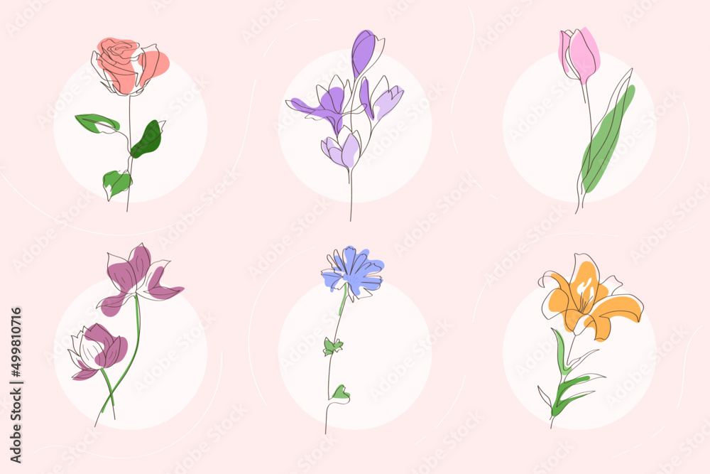 Colorful Minimalist abstract flower and leaves  set collection line art Vector illustration