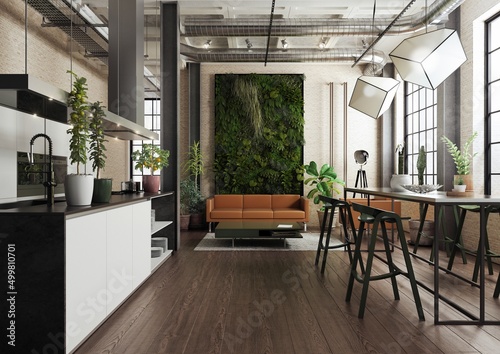 Fototapeta Nowoczesny loft, zaprojektowany jako mieszkanie z kuchnią, jadalnią oraz pokojem dziennym. Zielona ściana - ogród wertykalny stanowiący dekorację wnętrza.