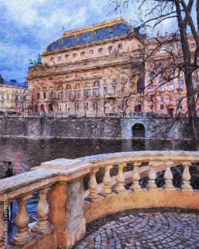 Prague Czechia drawing in oil city center vintage houses and architecture, Europe travel, wall art print for canvas or paper poster, tourism production design, real painting modern artistic artwork