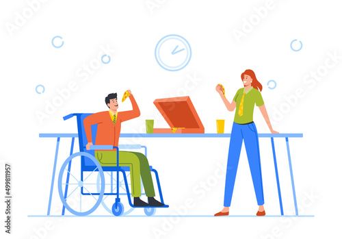 Business Colleagues Team Eating Pizza in Office Sit at Desk. Handicapped Person on Wheelchair Communicate with Coworker