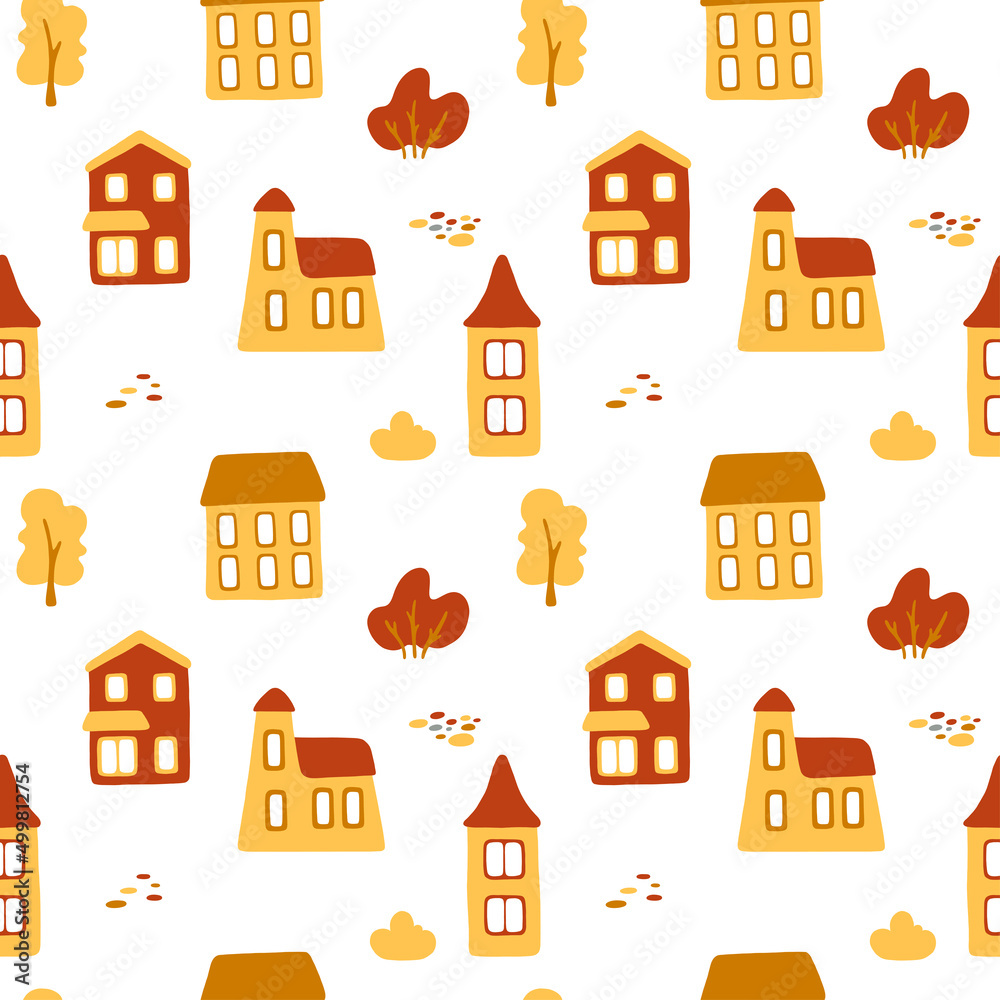 Vector seamless pattern with small cartoon houses and plants in red and yellow colors on white background. Cute illustration for wallpaper, wrapping paper, background, fabric, textile.
