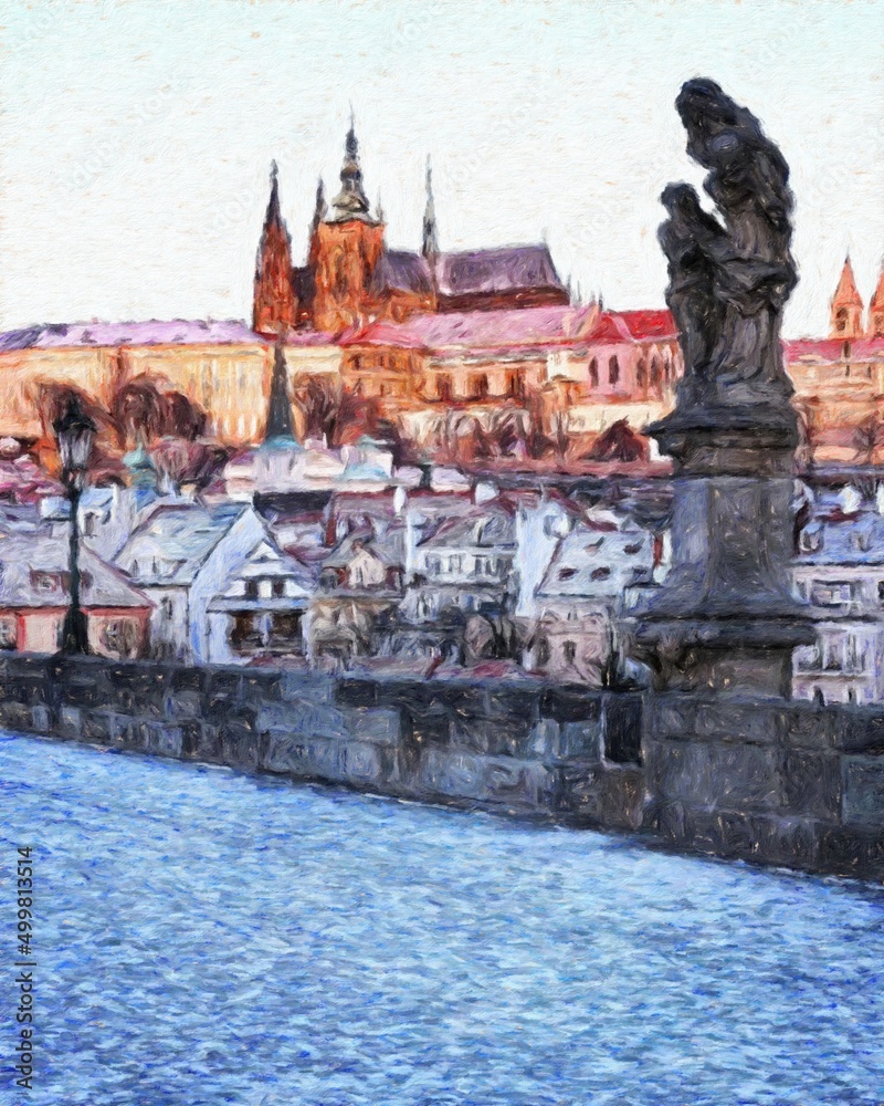 Prague Czechia drawing in oil city center vintage houses and architecture, Europe travel, wall art print for canvas or paper poster, tourism production design, real painting modern artistic artwork