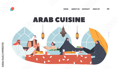 Arab Cuisine Landing Page Template. Ramadan Holiday Celebration. Traditional Arabian Family Old and Young Characters