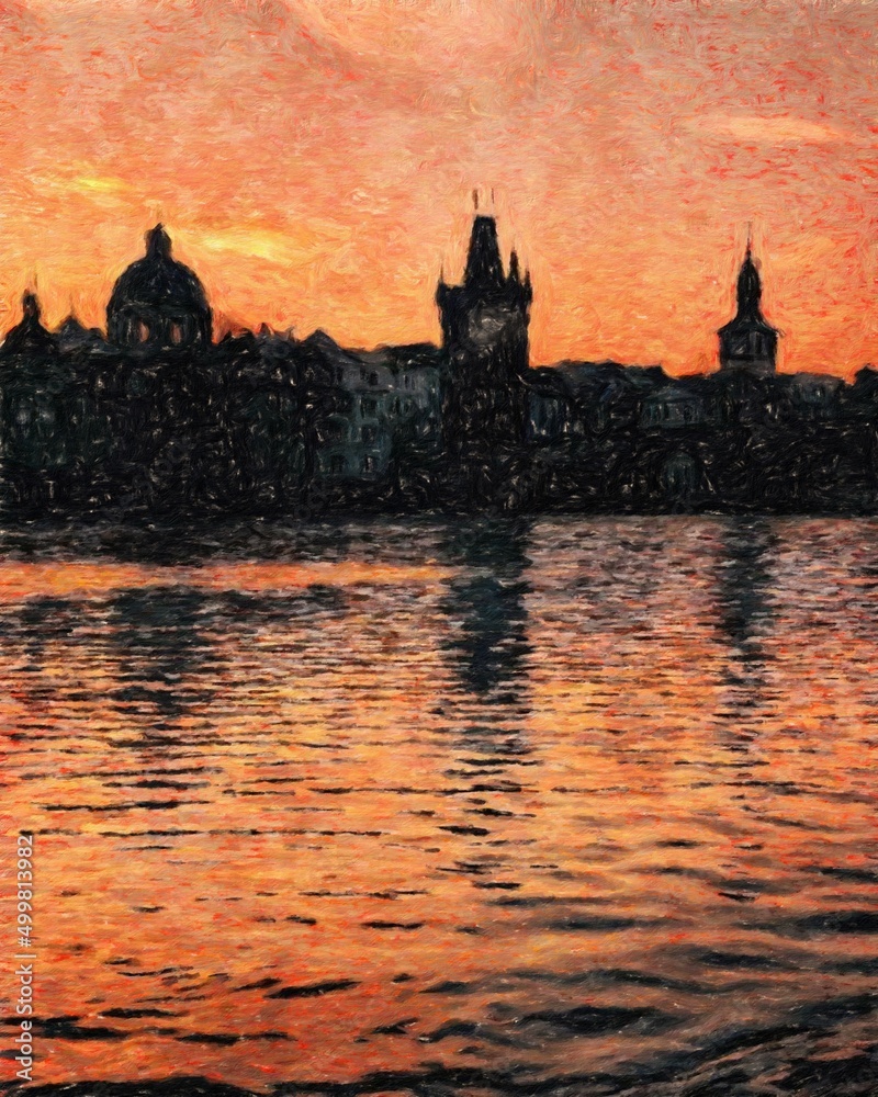 Fototapeta premium Prague Czechia drawing in oil city center vintage houses and architecture, Europe travel, wall art print for canvas or paper poster, tourism production design, real painting modern artistic artwork