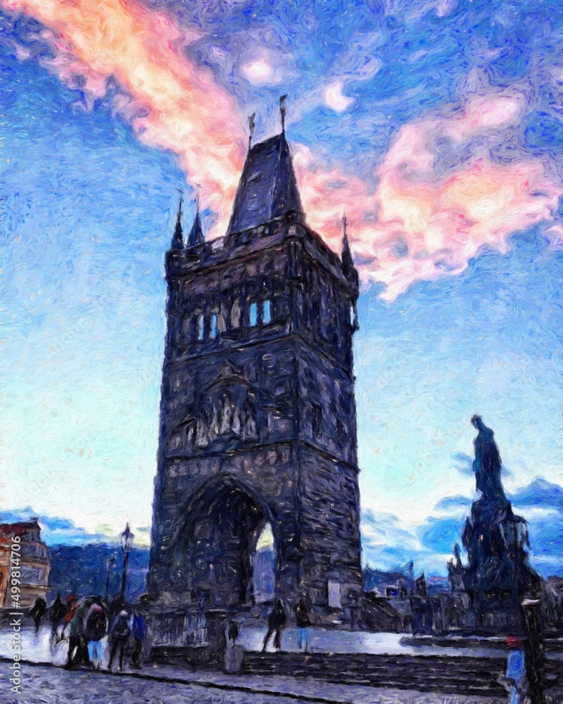 Fototapeta premium Prague Czechia drawing in oil city center vintage houses and architecture, Europe travel, wall art print for canvas or paper poster, tourism production design, real painting modern artistic artwork