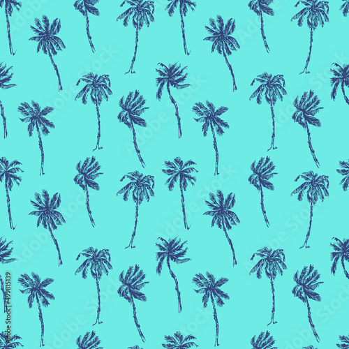 Hand drawn palm trees green mint and blue seamless pattern.
