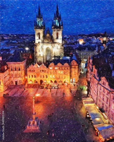 Canvas Print Prague Czechia drawing in oil city center vintage houses and architecture, Europ
