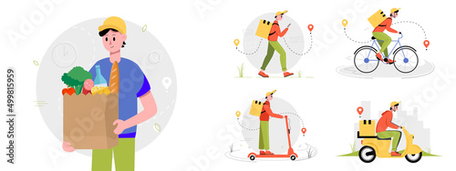 Food delivery vector illustration set. The concept of fast and free delivery. Vector illustration in cartoon style.