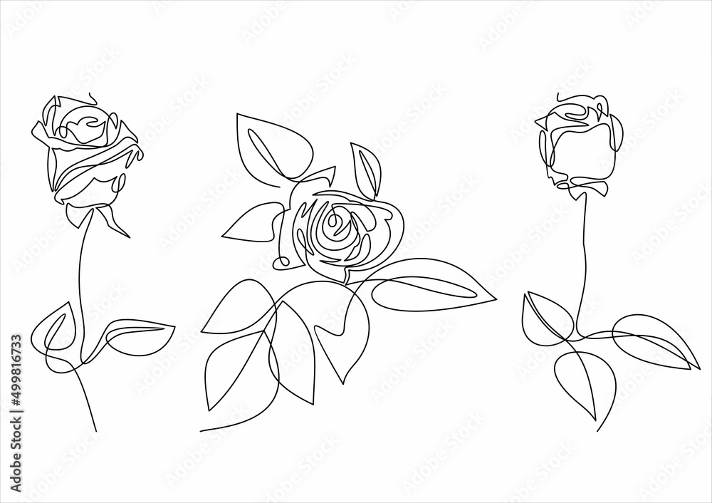 Set of 3 One line rose design.Continuous line - obrazy, fototapety, plakaty 