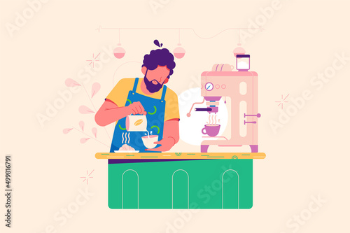 Barista character prepare americano in coffee machine